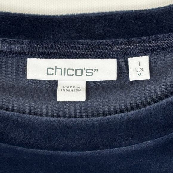 Chico's Zenergy Navy Velour Puffed Shoulder Long Sleeve Top NWT Size 1 Med - Picture 3 of 12
